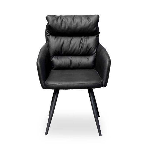 Elara Modern Armchair in sleek black leather with plush cushions and stylish legs, perfect for modern interiors.