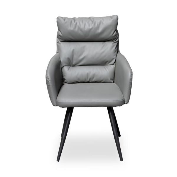 Elara Modern Armchair in sleek gray design, featuring padded seat and stylish legs, perfect for contemporary interiors.