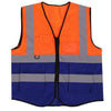 Pioneer Signaling Vest in bright orange and blue with reflective stripes and pockets for enhanced visibility and safety.