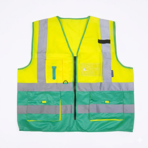 Pioneer Signaling Vest in bright yellow and green with reflective stripes and multiple pockets for safety and visibility.