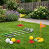 Little Swing Kids Golf Set with colorful putting flags, golf clubs, and balls in a garden setting.