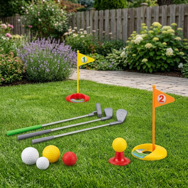 Little Swing Kids Golf Set with colorful putting flags, golf clubs, and balls in a garden setting.
