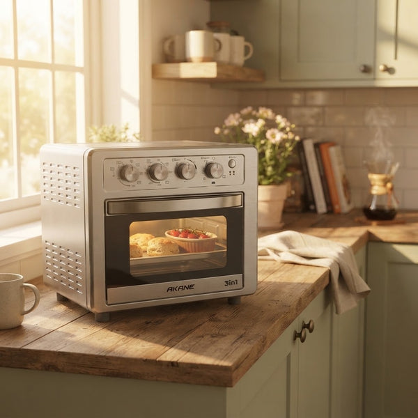 Silver 25L 3-in-1 Countertop Electric Oven & Air Fryer Unit in a cozy kitchen with baked goods inside.