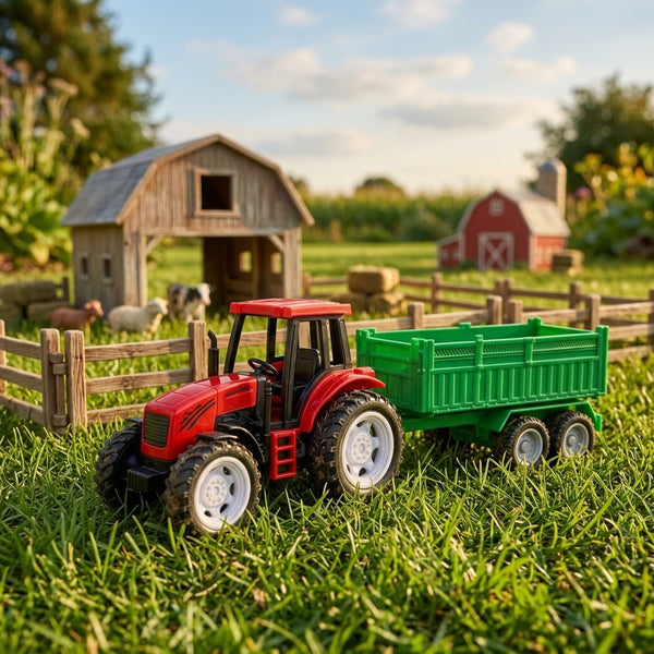 Plastic Farm Tractor Toy with Detachable Green Trailer in a farm setting with barn and animals.