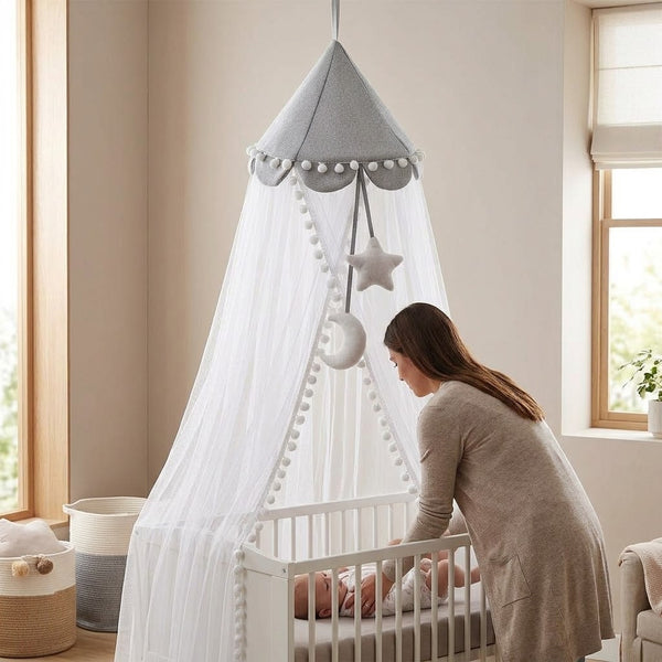 Hanging Nursery Mosquito Net Canopy with Pom-Poms