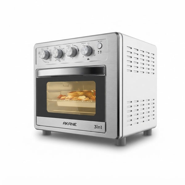 Silver 25L 3-in-1 Countertop Electric Oven & Air Fryer Unit displayed with cooking feature.