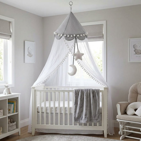 Hanging Nursery Mosquito Net Canopy with Pom-Poms