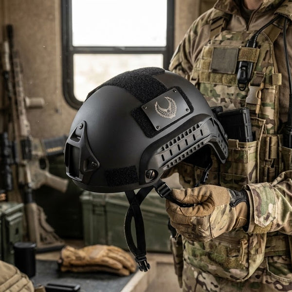 Military-Style Tactical Helmet held by an operator in tactical gear, showcasing its design for costume and display purposes.