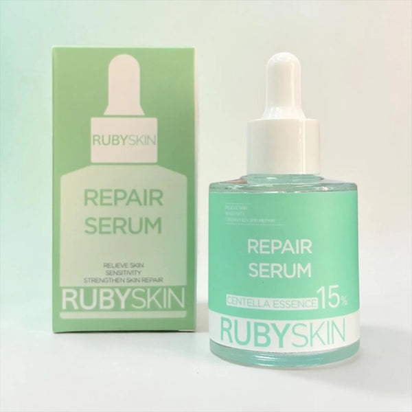 RubySkin Repair Serum 30ml in a glass bottle with dropper, designed for skin repair and hydration.
