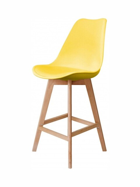 Fusion Living Aqua Soho Plastic Bar Stool in vibrant yellow color with wooden legs, perfect for kitchen islands and home bars.